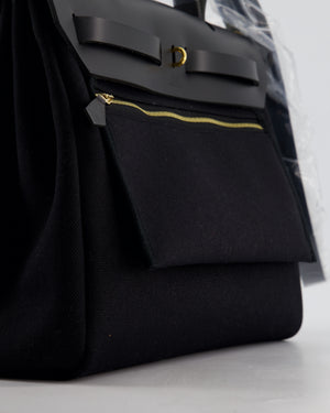 Hermès Herbag 31 Zip Bag in Noir Toile Officier Canvas, Noir Vache Hunter Leather with Gold Hardware