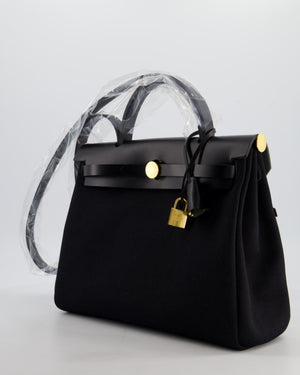 Hermès Herbag 31 Zip Bag in Noir Toile Officier Canvas, Noir Vache Hunter Leather with Gold Hardware