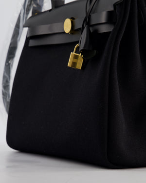 Hermès Herbag 31 Zip Bag in Noir Toile Officier Canvas, Noir Vache Hunter Leather with Gold Hardware