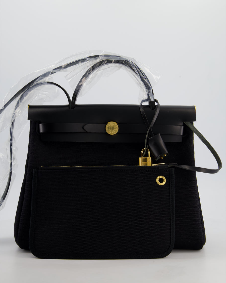 Hermès Herbag 31 Zip Bag in Noir Toile Officier Canvas, Noir Vache Hunter Leather with Gold Hardware