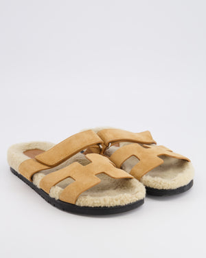 Hermès Beige Suede and Shearling Chypre Sandals Size EU 37
