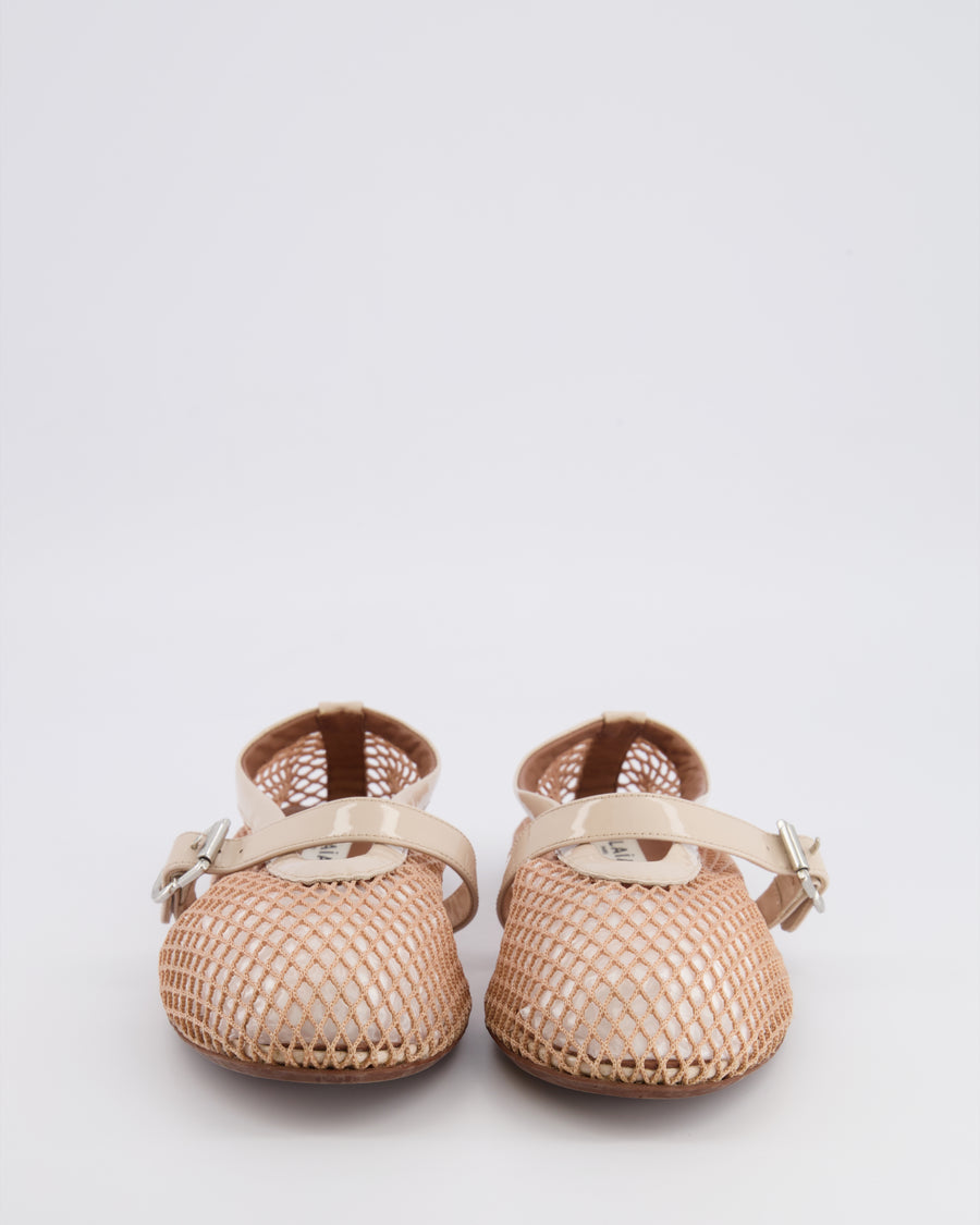 Alaia Beige Fishnet Ballet Flats with Patent Leather Strap Detail Size EU 37 RRP £690