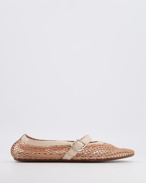 Alaia Beige Fishnet Ballet Flats with Patent Leather Strap Detail Size EU 37 RRP £690