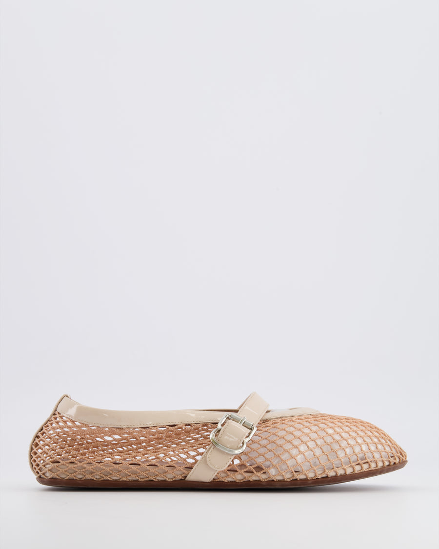 Alaia Beige Fishnet Ballet Flats with Patent Leather Strap Detail Size EU 37 RRP £690