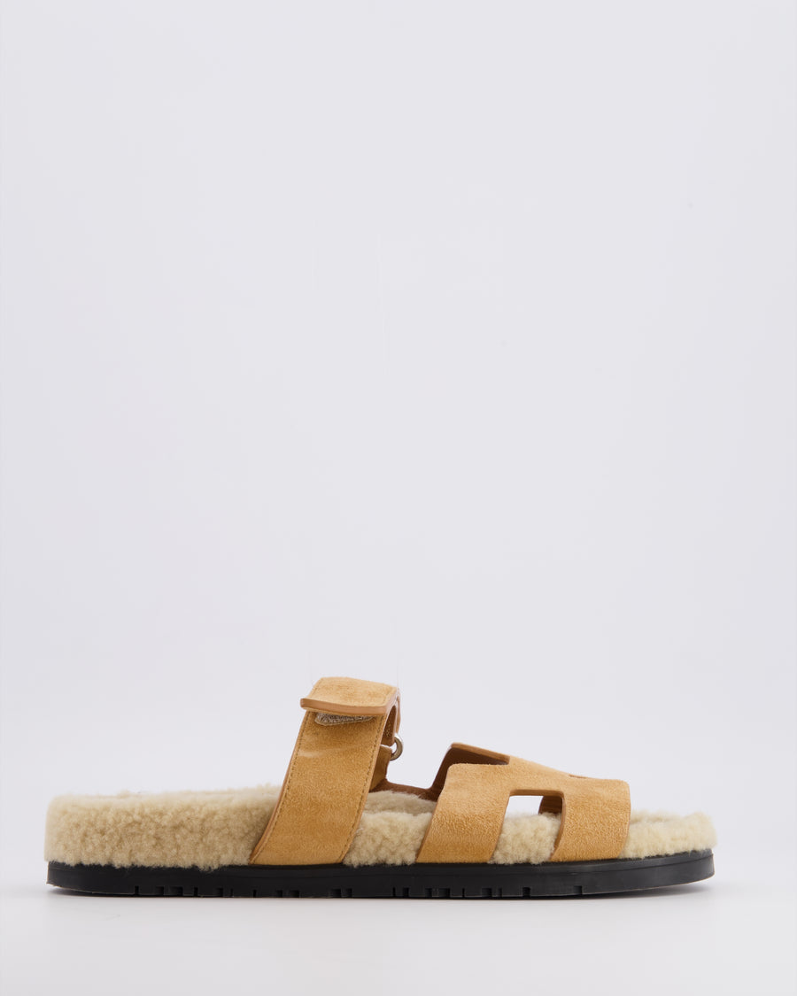 Hermès Beige Suede and Shearling Chypre Sandals Size EU 37