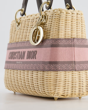 Christian Dior Medium Lady Dior Basket Bag in Natural Wicker and Pink/Grey Canvas With Antique Gold Hardware