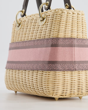 Christian Dior Medium Lady Dior Basket Bag in Natural Wicker and Pink/Grey Canvas With Antique Gold Hardware