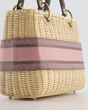 Christian Dior Medium Lady Dior Basket Bag in Natural Wicker and Pink/Grey Canvas With Antique Gold Hardware