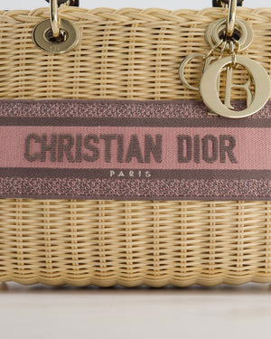 Christian Dior Medium Lady Dior Basket Bag in Natural Wicker and Pink/Grey Canvas With Antique Gold Hardware