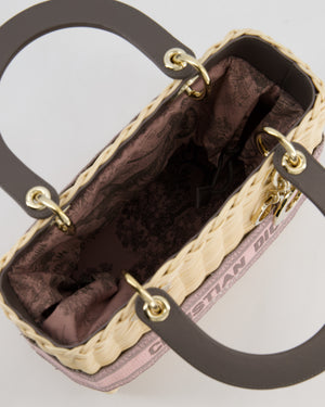 Christian Dior Medium Lady Dior Basket Bag in Natural Wicker and Pink/Grey Canvas With Antique Gold Hardware