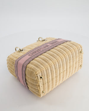 Christian Dior Medium Lady Dior Basket Bag in Natural Wicker and Pink/Grey Canvas With Antique Gold Hardware
