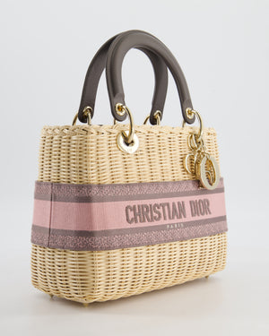 Christian Dior Medium Lady Dior Basket Bag in Natural Wicker and Pink/Grey Canvas With Antique Gold Hardware