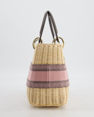 Christian Dior Medium Lady Dior Basket Bag in Natural Wicker and Pink/Grey Canvas With Antique Gold Hardware