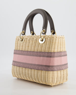 Christian Dior Medium Lady Dior Basket Bag in Natural Wicker and Pink/Grey Canvas With Antique Gold Hardware