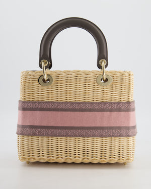 Christian Dior Medium Lady Dior Basket Bag in Natural Wicker and Pink/Grey Canvas With Antique Gold Hardware