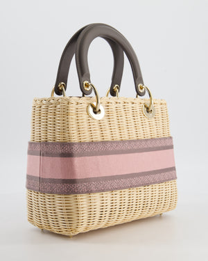 Christian Dior Medium Lady Dior Basket Bag in Natural Wicker and Pink/Grey Canvas With Antique Gold Hardware