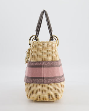 Christian Dior Medium Lady Dior Basket Bag in Natural Wicker and Pink/Grey Canvas With Antique Gold Hardware