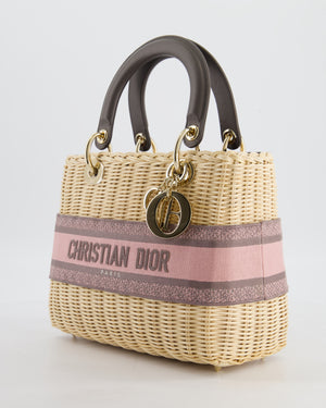 Christian Dior Medium Lady Dior Basket Bag in Natural Wicker and Pink/Grey Canvas With Antique Gold Hardware