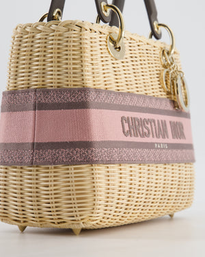 Christian Dior Medium Lady Dior Basket Bag in Natural Wicker and Pink/Grey Canvas With Antique Gold Hardware