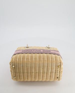 Christian Dior Medium Lady Dior Basket Bag in Natural Wicker and Pink/Grey Canvas With Antique Gold Hardware