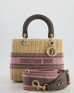 Christian Dior Medium Lady Dior Basket Bag in Natural Wicker and Pink/Grey Canvas With Antique Gold Hardware