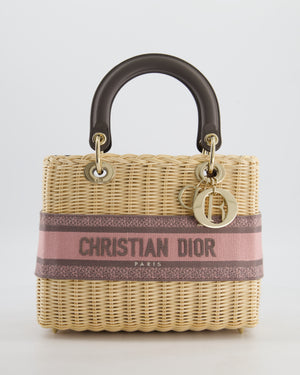 Christian Dior Medium Lady Dior Basket Bag in Natural Wicker and Pink/Grey Canvas With Antique Gold Hardware