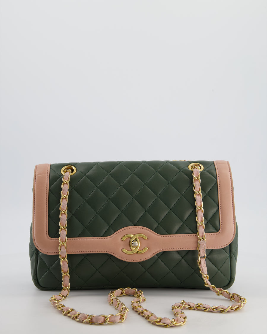 Chanel Khaki and Pink Single Flap Bag in Lambskin Leather with Gold Hardware