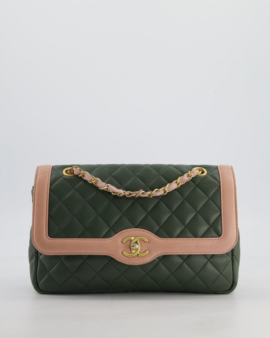 Chanel Khaki and Pink Single Flap Bag in Lambskin Leather with Gold Hardware