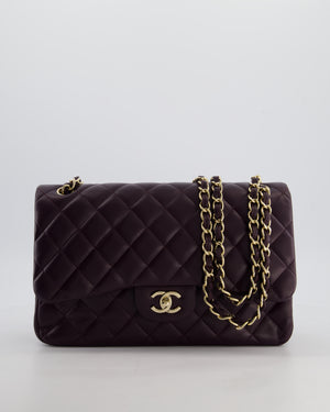 *HOT* Chanel Aubergine Deep Purple Jumbo Classic Double Flap Bag in Lambskin Leather with Champagne Gold Hardware RRP £9,540