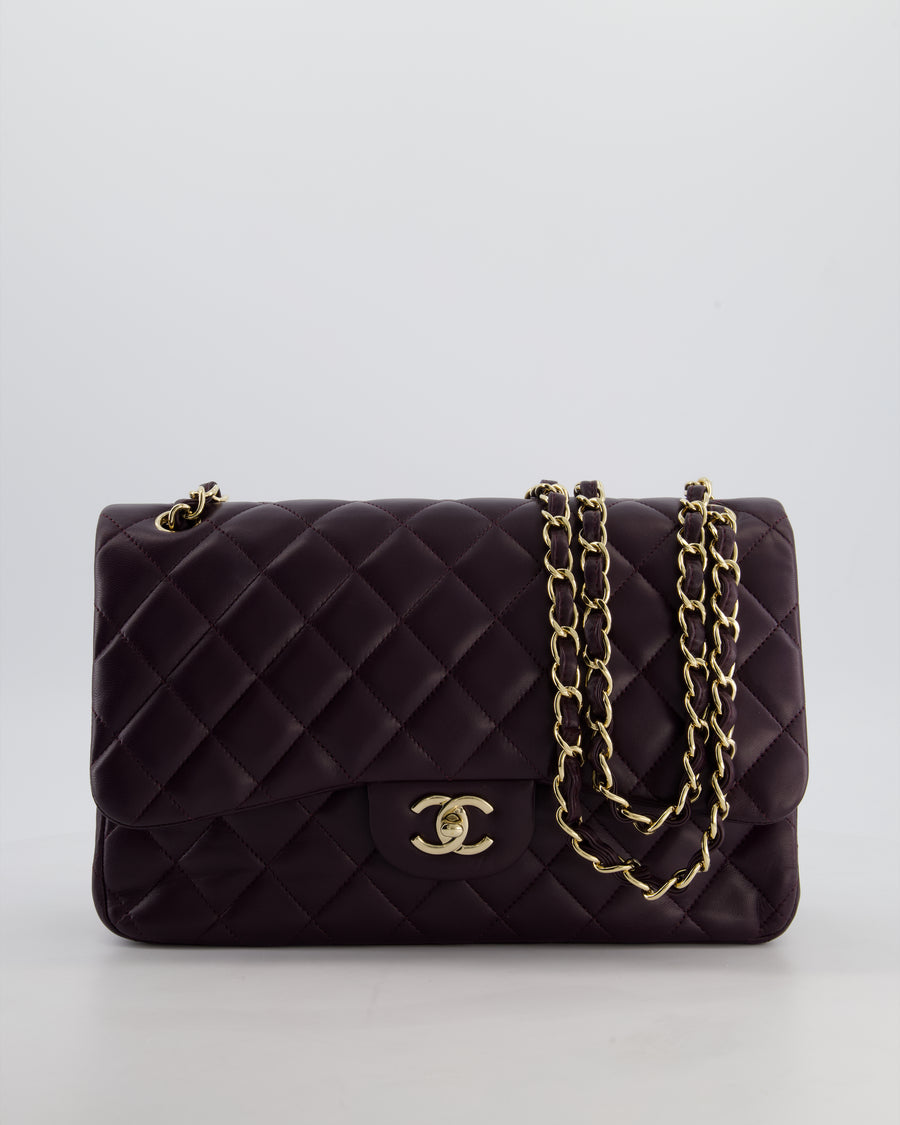 *HOT* Chanel Aubergine Deep Purple Jumbo Classic Double Flap Bag in Lambskin Leather with Champagne Gold Hardware RRP £9,540