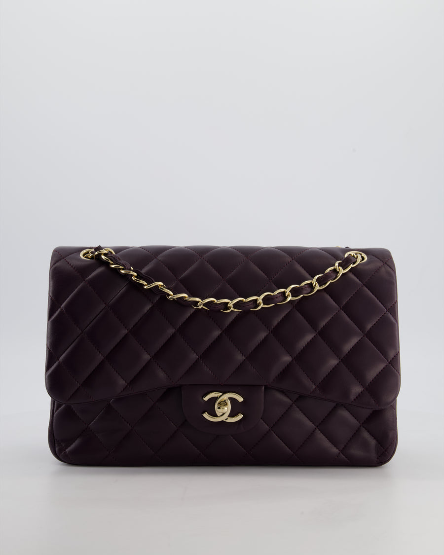 *HOT* Chanel Aubergine Deep Purple Jumbo Classic Double Flap Bag in Lambskin Leather with Champagne Gold Hardware RRP £9,540