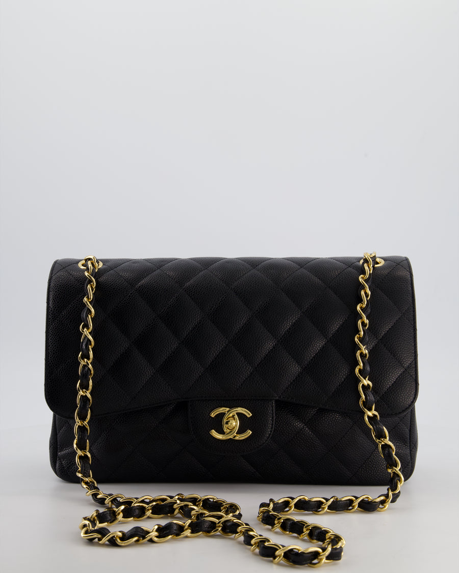 *HOT* Chanel Black Jumbo Double Flap Bag in Caviar Leather with Gold Hardware