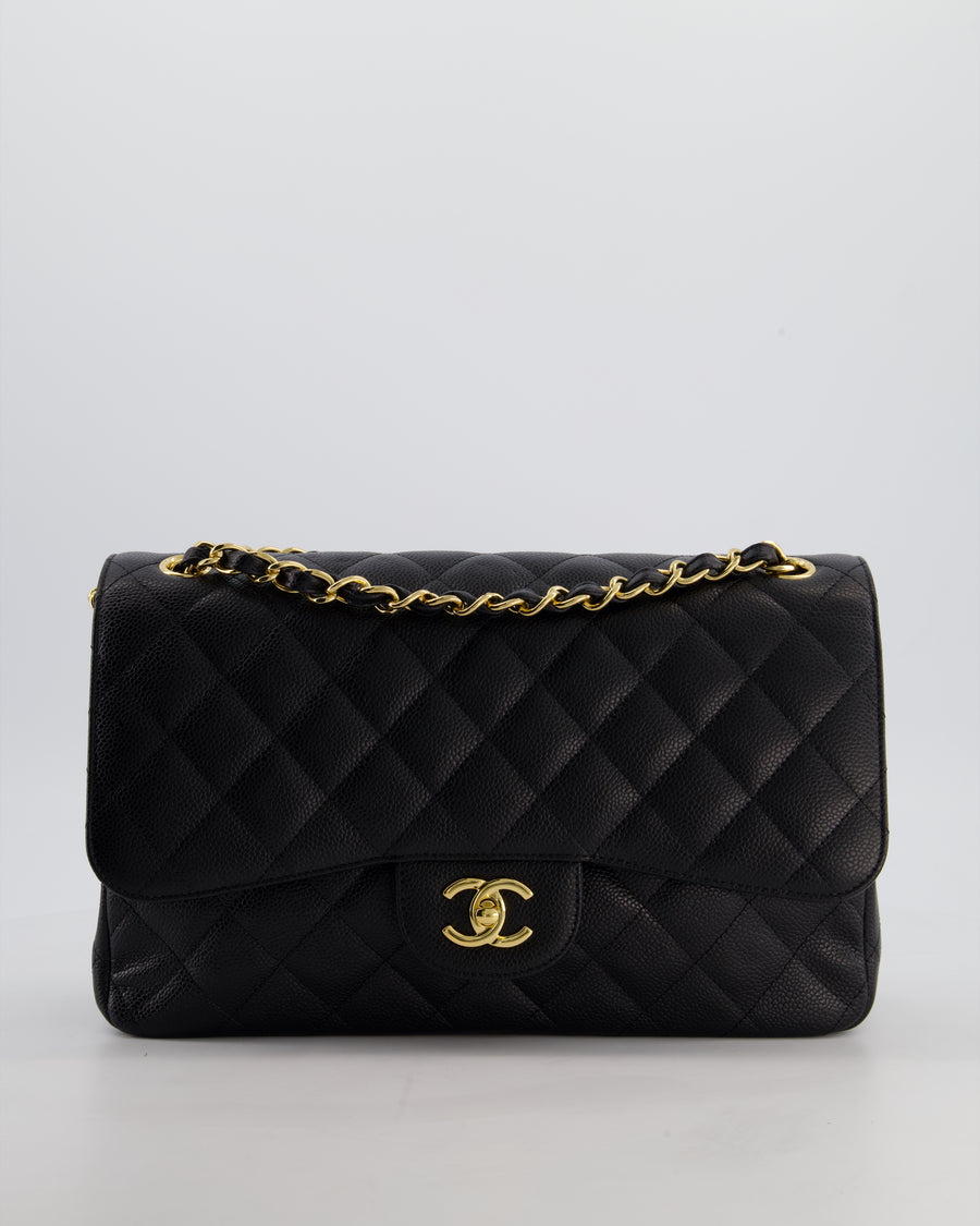 *HOT* Chanel Black Jumbo Double Flap Bag in Caviar Leather with Gold Hardware