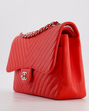 *HOT* Chanel Shiny Red Classic Chevron Jumbo Double Flap Bag in Caviar Leather with Silver Hardware RRP £9,540