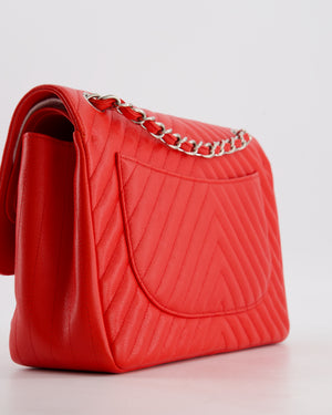 *HOT* Chanel Shiny Red Classic Chevron Jumbo Double Flap Bag in Caviar Leather with Silver Hardware RRP £9,540