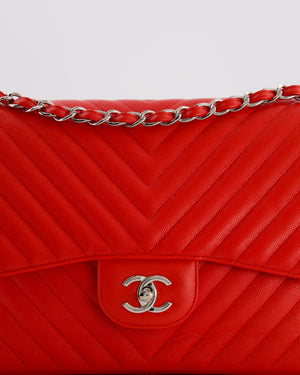 *HOT* Chanel Shiny Red Classic Chevron Jumbo Double Flap Bag in Caviar Leather with Silver Hardware RRP £9,540