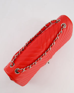 *HOT* Chanel Shiny Red Classic Chevron Jumbo Double Flap Bag in Caviar Leather with Silver Hardware RRP £9,540