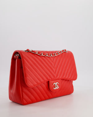 *HOT* Chanel Shiny Red Classic Chevron Jumbo Double Flap Bag in Caviar Leather with Silver Hardware RRP £9,540