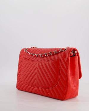 *HOT* Chanel Shiny Red Classic Chevron Jumbo Double Flap Bag in Caviar Leather with Silver Hardware RRP £9,540