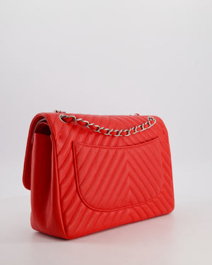 *HOT* Chanel Shiny Red Classic Chevron Jumbo Double Flap Bag in Caviar Leather with Silver Hardware RRP £9,540