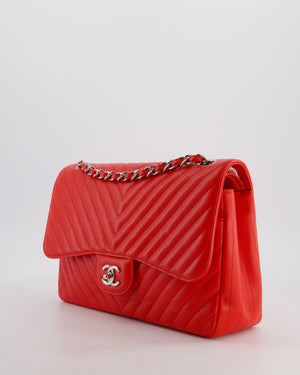 *HOT* Chanel Shiny Red Classic Chevron Jumbo Double Flap Bag in Caviar Leather with Silver Hardware RRP £9,540