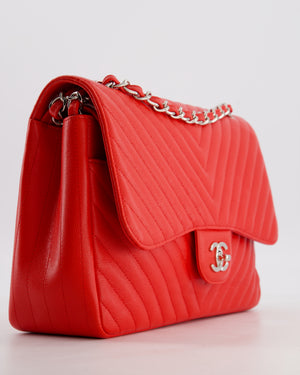 *HOT* Chanel Shiny Red Classic Chevron Jumbo Double Flap Bag in Caviar Leather with Silver Hardware RRP £9,540