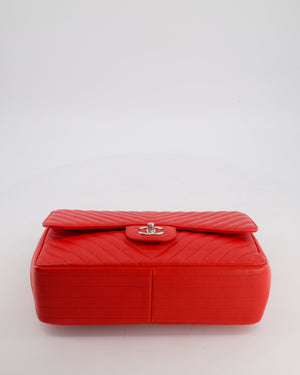 *HOT* Chanel Shiny Red Classic Chevron Jumbo Double Flap Bag in Caviar Leather with Silver Hardware RRP £9,540