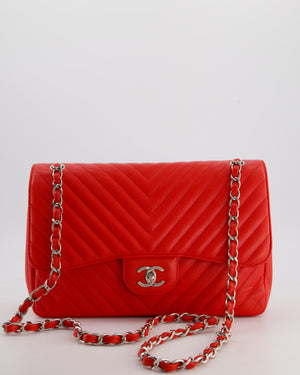 *HOT* Chanel Shiny Red Classic Chevron Jumbo Double Flap Bag in Caviar Leather with Silver Hardware RRP £9,540