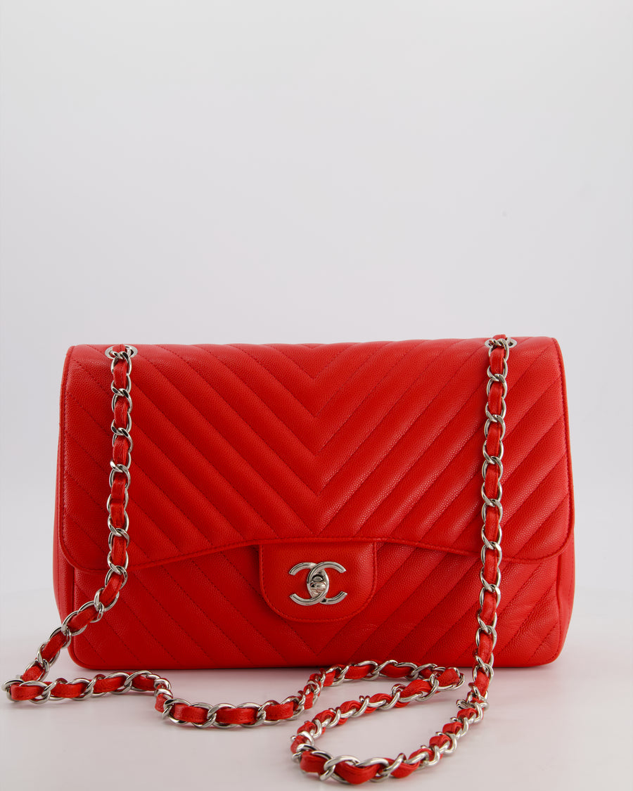 *HOT* Chanel Shiny Red Classic Chevron Jumbo Double Flap Bag in Caviar Leather with Silver Hardware RRP £9,540