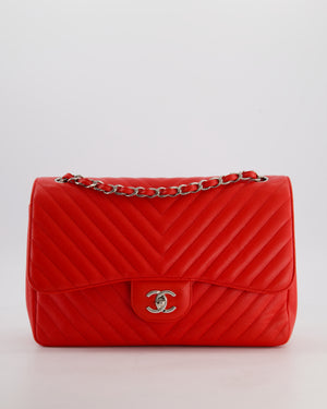 *HOT* Chanel Shiny Red Classic Chevron Jumbo Double Flap Bag in Caviar Leather with Silver Hardware RRP £9,540