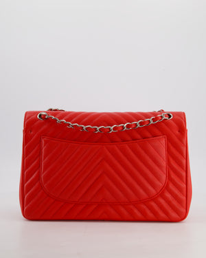 *HOT* Chanel Shiny Red Classic Chevron Jumbo Double Flap Bag in Caviar Leather with Silver Hardware RRP £9,540