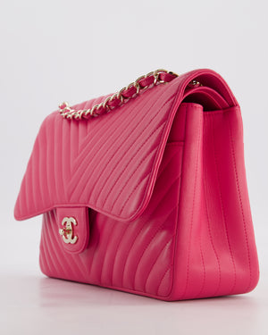 Chanel Hot Pink Chevron Jumbo Double Flap Bag in Lambskin Leather with Champagne Gold Hardware