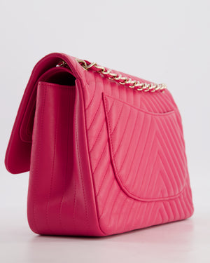 Chanel Hot Pink Chevron Jumbo Double Flap Bag in Lambskin Leather with Champagne Gold Hardware