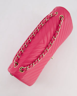 Chanel Hot Pink Chevron Jumbo Double Flap Bag in Lambskin Leather with Champagne Gold Hardware